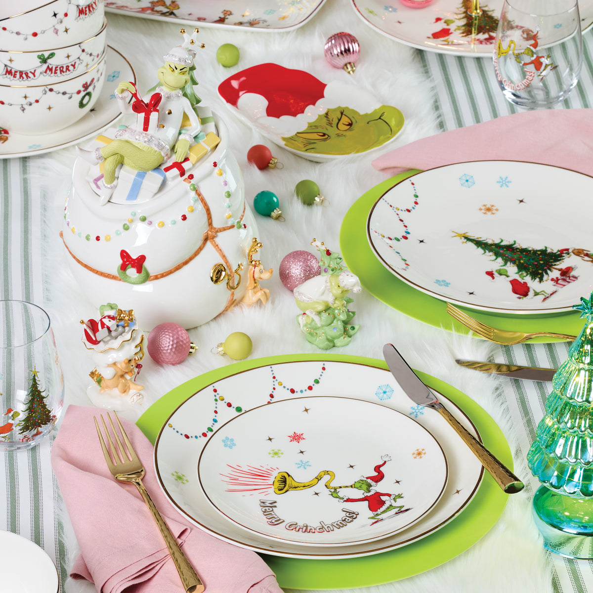 (4) Christmas grinchie candy porcelain dishes store by Lenox