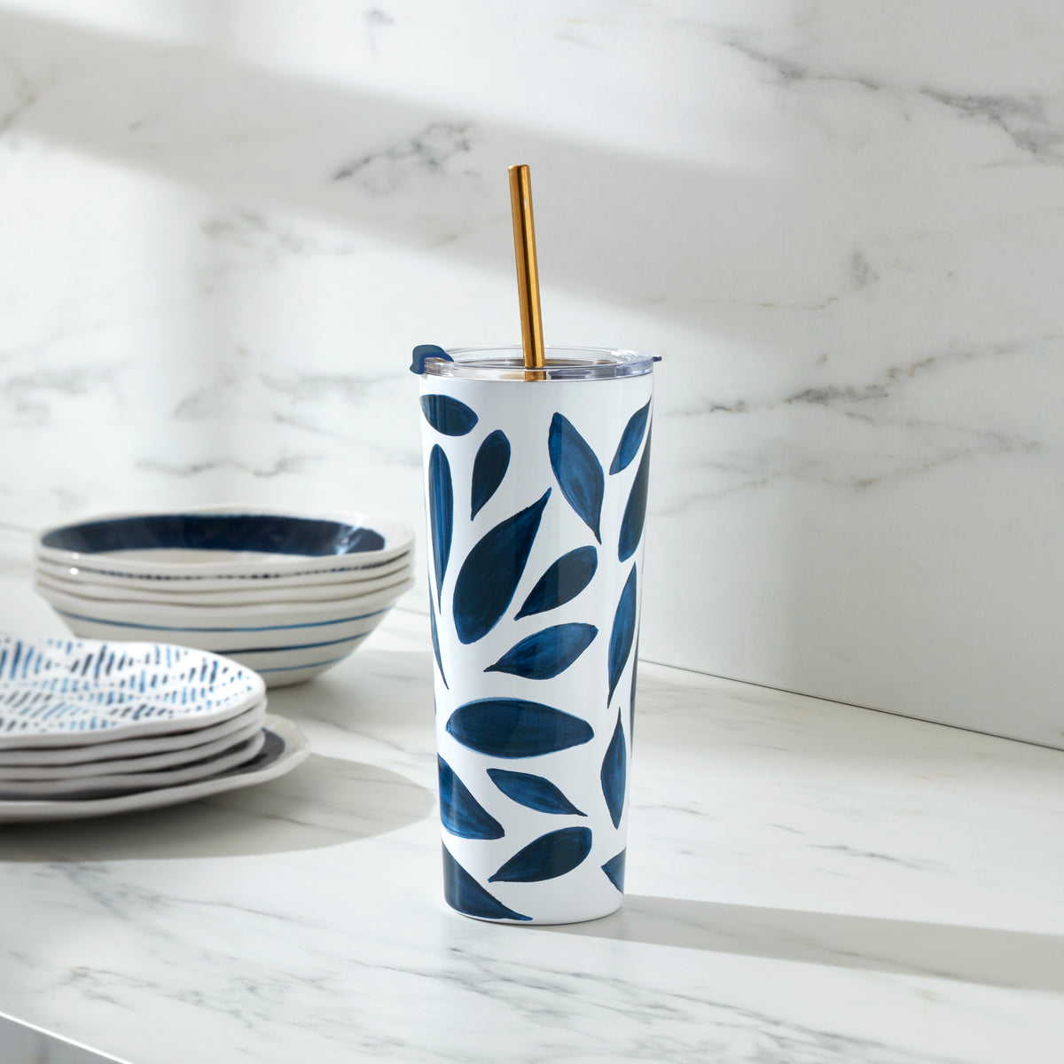 Blue Bay Leaf Stainless Steel Tumbler With Straw – Lenox Corporation