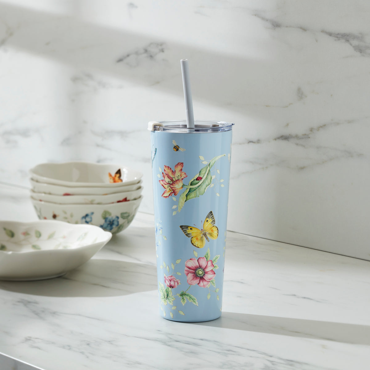 Butterfly Meadow Light Blue Tumbler With Straw – Lenox Corporation