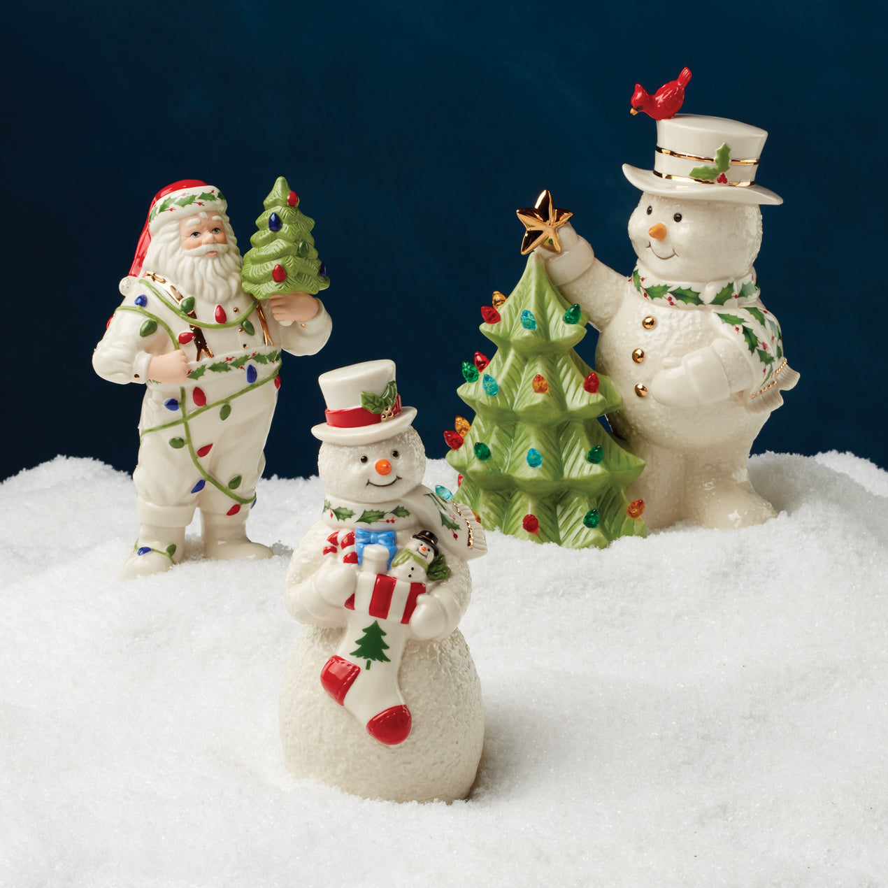 Drinking Glass Set of 2 with Christmas Tree and Snowman Figurines