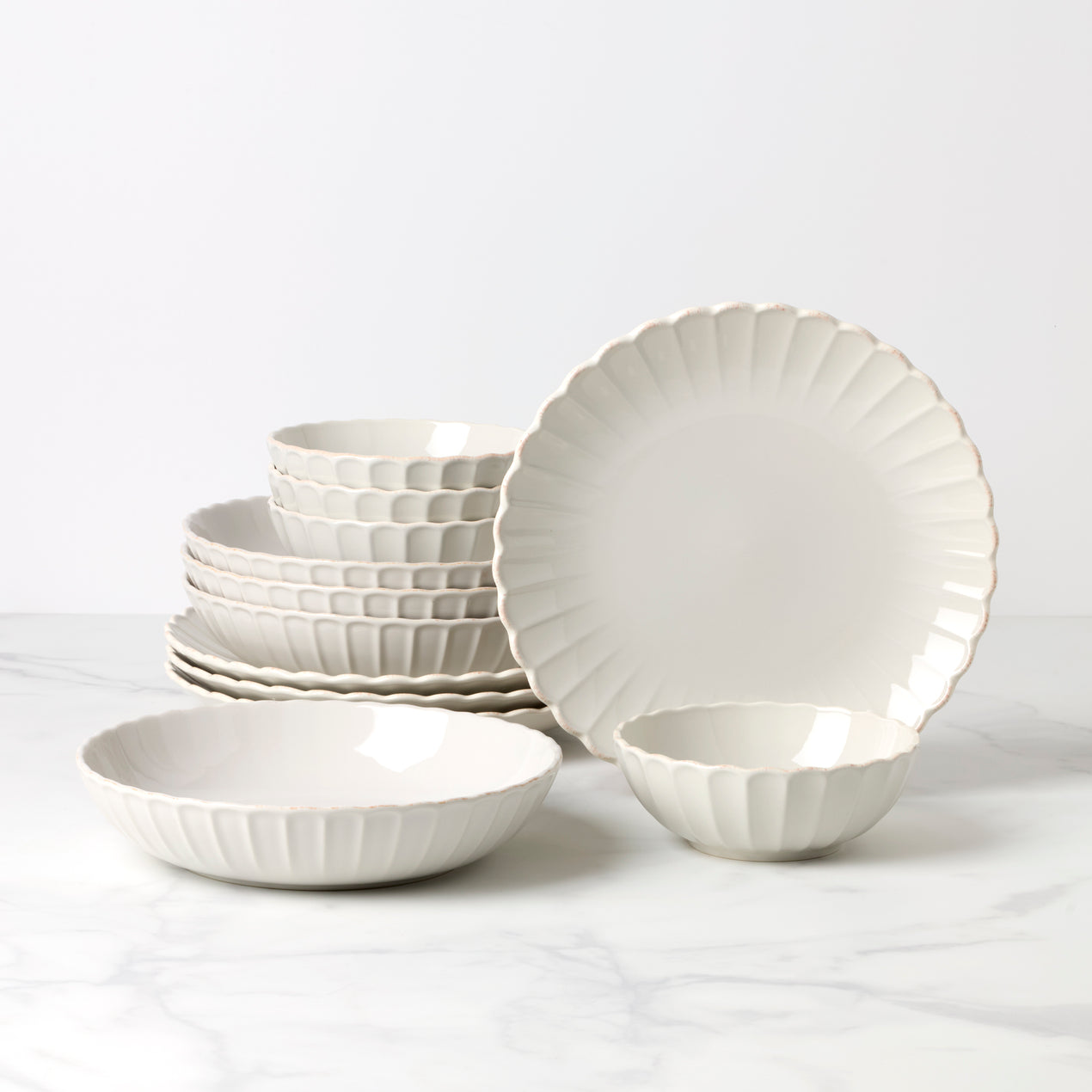 French Perle Scallop White 12 Piece Dinnerware Set Lenox Corporation