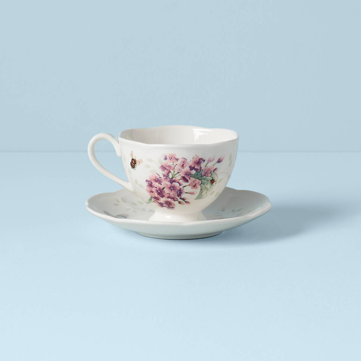 Espresso Cups and Saucers Set - Pink Floral, Butterfly Design, 2 oz. Set of  6