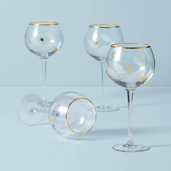 Lenox Holiday Balloon Wine Glasses, Set of 4, Holly, 16 oz, NEW