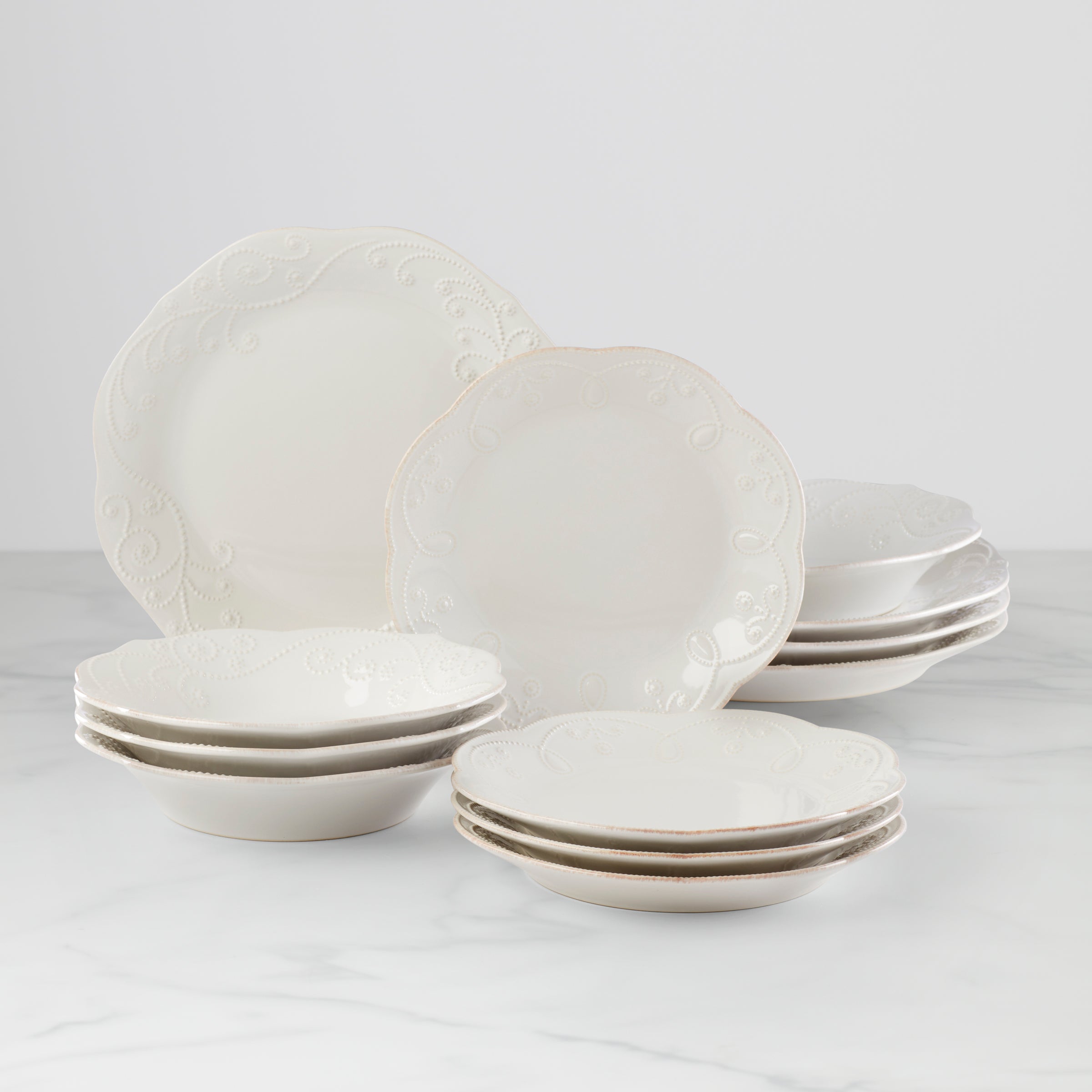 French Perle 12-Piece Plate & Bowl Dinnerware Set