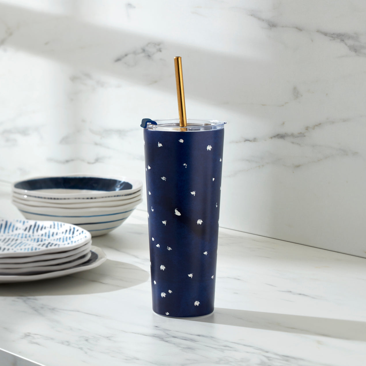 Lenox 895727 Blue Bay Leaf Pattern Stainless Steel Tumbler with Straw